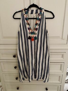 THML White and Navy Striped Sleeveless Dress with Embroidered Neck